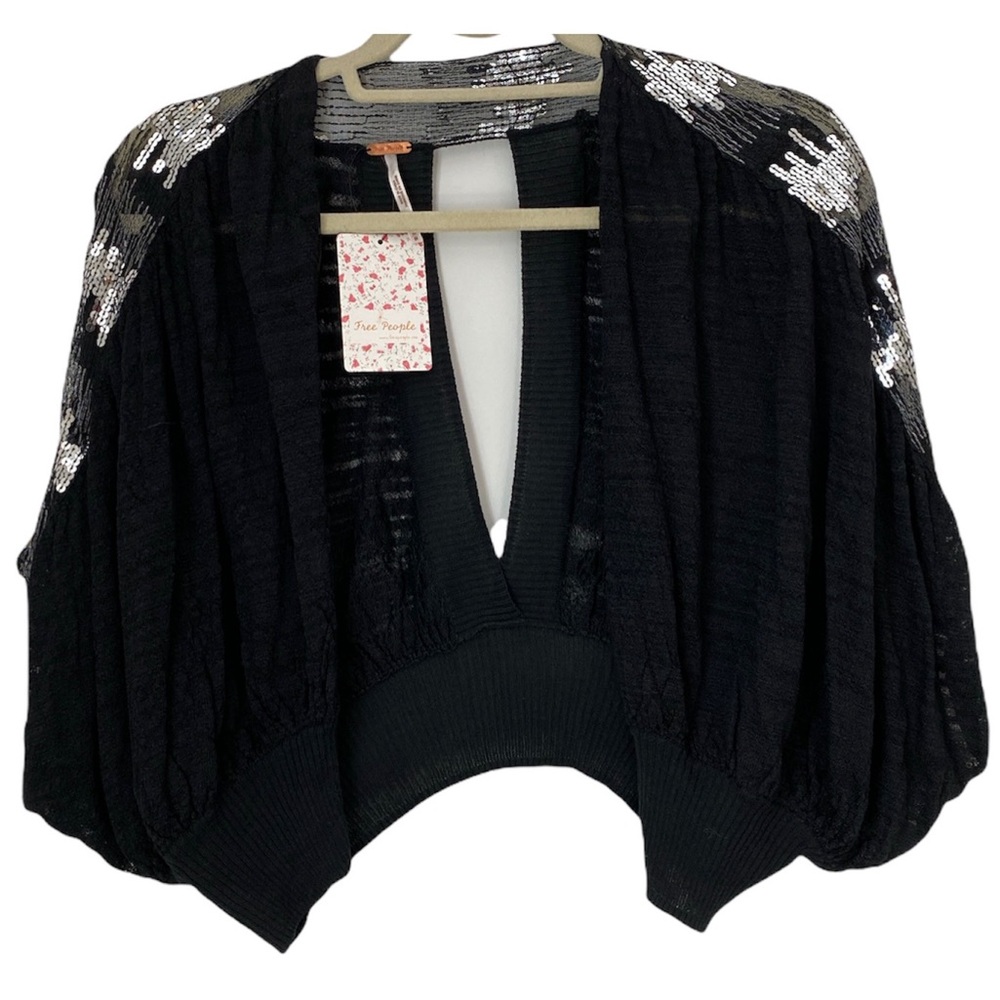 Free People Womens Black Cardigan Sweater w/ Sequin Shoulders, Split Back, Sz M